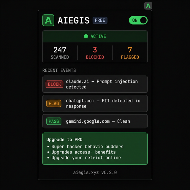 AIEGES Shield browser extension interface showing real-time PII detection