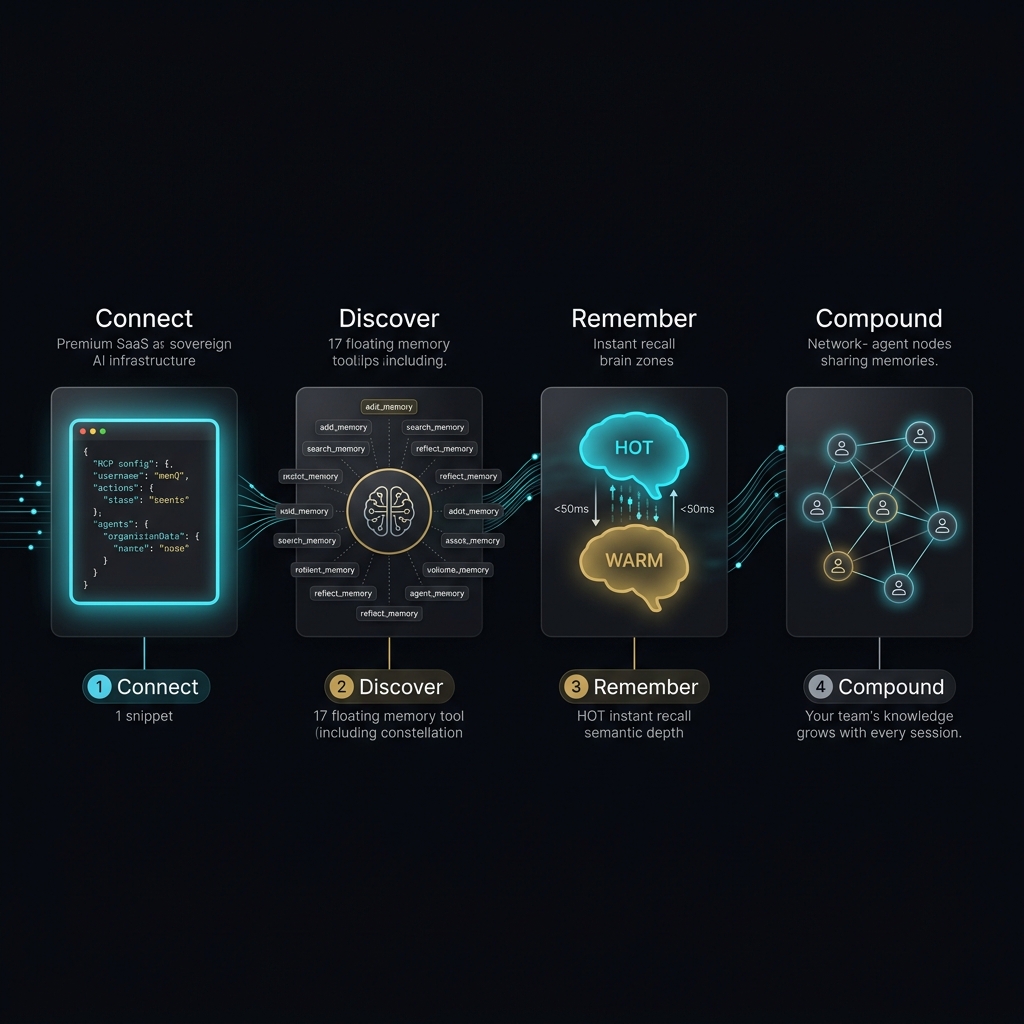 MemQ how it works: Connect via MCP, agent discovers 22 tools, memories are stored and searchable instantly, team knowledge compounds