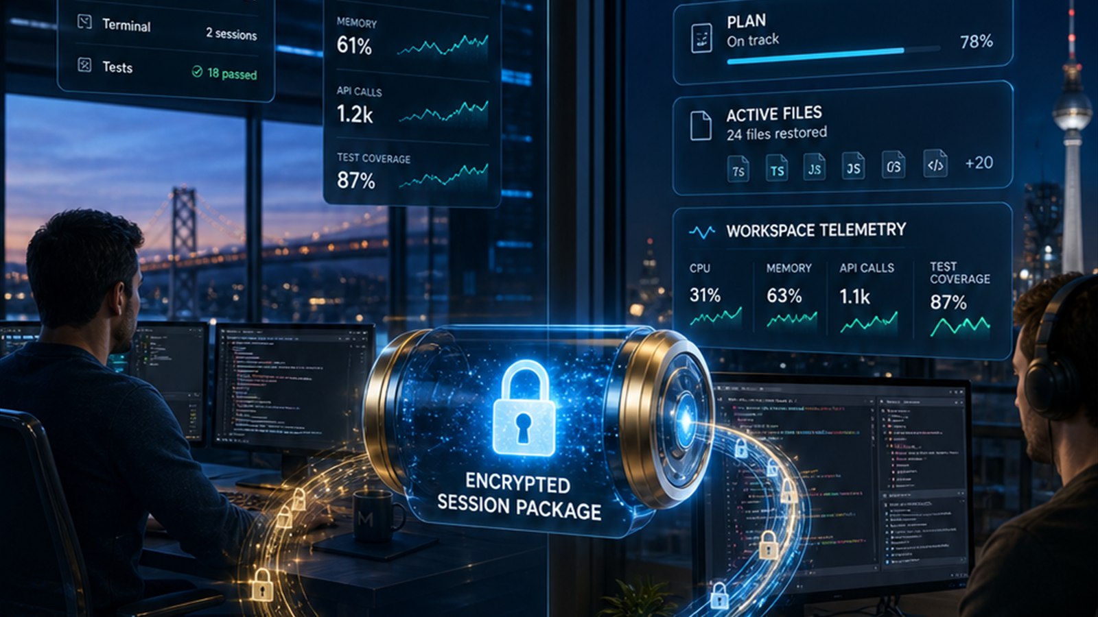 MemQ encrypted session handoff from one developer workspace to another with restored plan, files, and telemetry