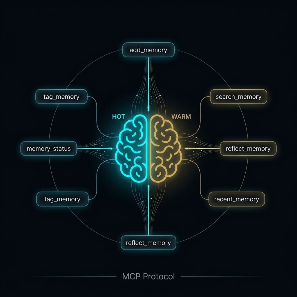 MemQ — dual-brain AI memory infrastructure showing 22 MCP tools connected via HOT and WARM layers